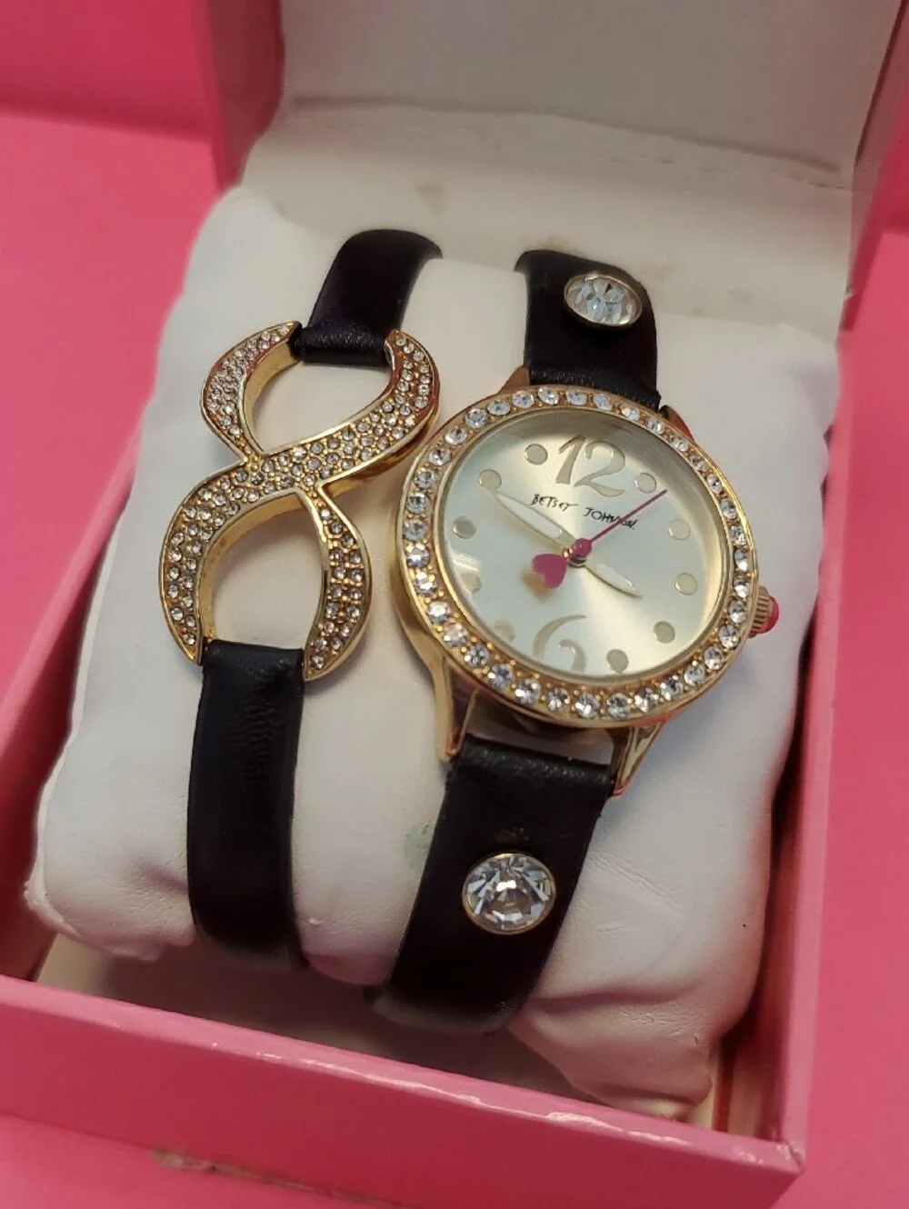 Betsey Johnson Black Strap Watch and Crystal-Accent Bracelet Set